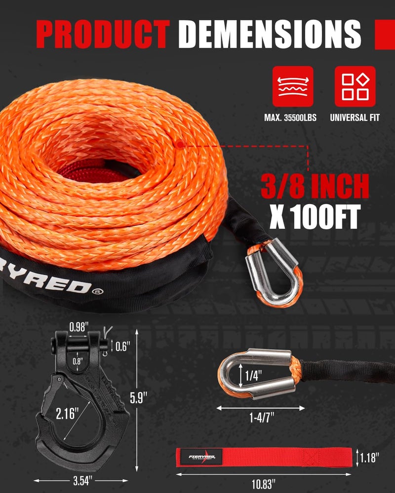 FieryRed Synthetic Winch Rope Cable Kit 3/8inch 100FT 26500lbs Winch Line Replacement with Forged Hook Protective Sleeve for 4WD Off-Road Vehicle SUV, Orange - Image 2